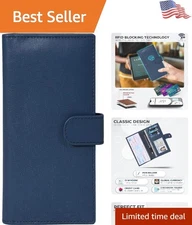 Elegant Leather Checkbook Cover with RFID Protection - Minimalist Design in Blue