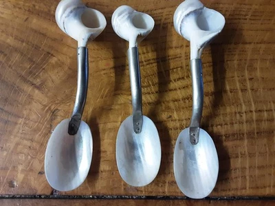3x ANTIQUE MOTHER OF PEARL CAVIAR SPOON SHELL & WHITE METAL HANDLE 11cm/12cm - Image 1 of 4