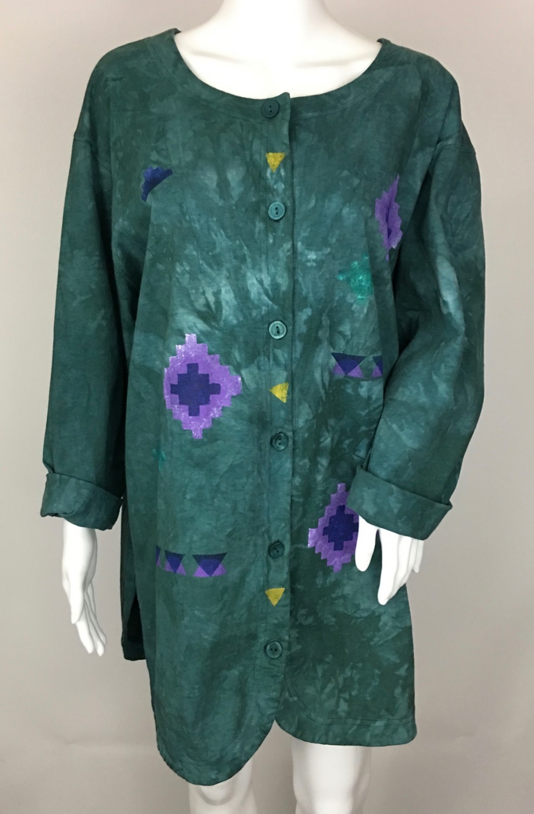 Giacca Stone Pony Lagenlook verde stampa sud ovest bottoni davanti taglia unica