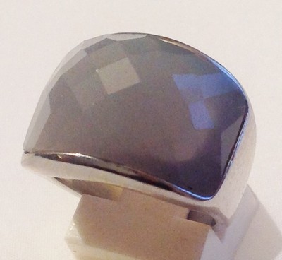 Bague Rétro Argentée Avec Cabochon Opaline Facetté - Taille 53 - Occasion