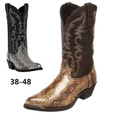 Mens Faux Leather Mid-calf Pointed Toe Western Cowboy Boots Snakeskin Shoes Size