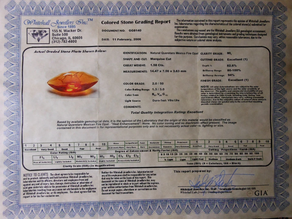 USA / GIA & INS 1.58 Carats Mexican Fire Opal Orange Marquise Cut Very Nice - Image 3 of 4