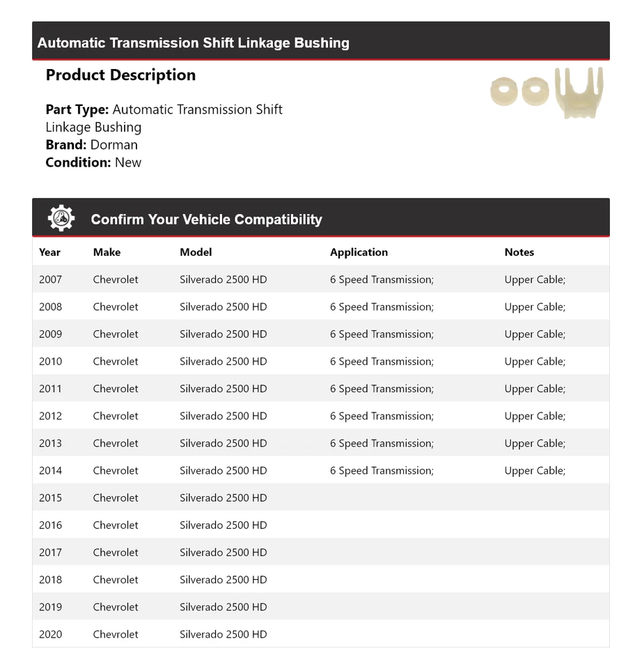 For 2007-2020 Chevrolet Silverado 2500 HD Dorman AT Shift Linkage Bushing 2008 - Image 2 of 4