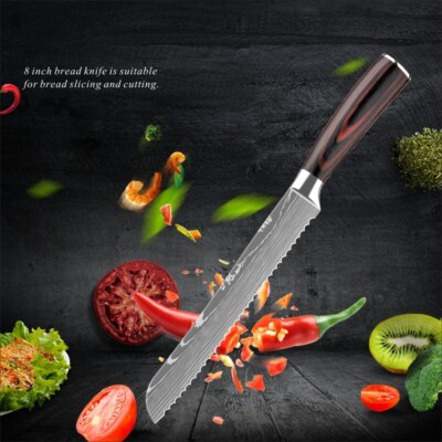 8'' Bread Knife Stainless Steel Japanese Damascus Pattern Kitchen Cake Cutter