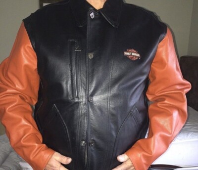 Harley Davidson XL Black Orange Varsity Letterman Leather Jacket Harley Davidson XL Black Orange Varsity Letterman Leather Jacket