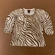 Multiples Women's XS Brown Zebra Print Beaded Trim 3/4 Sleeve Pullover Blouse