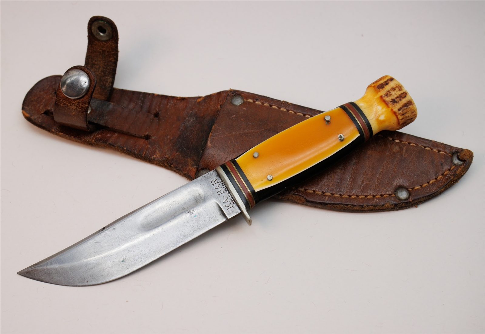 Pre WW2 KA-BAR Union Cutlery Little Trading Post Hunter Stag Celluloid Knife