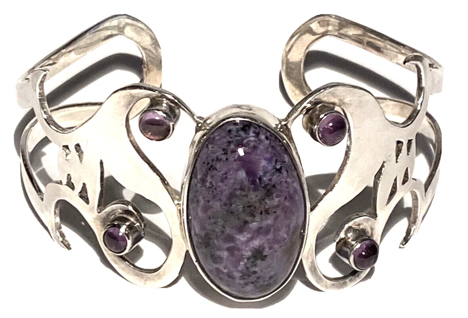 PULSERA BRAZALETE ARTESANAL VINTAGE PLATA ESTERLINA CHAROITE AMATISTA ESCULTURA MODERNA Foto 4 de 4