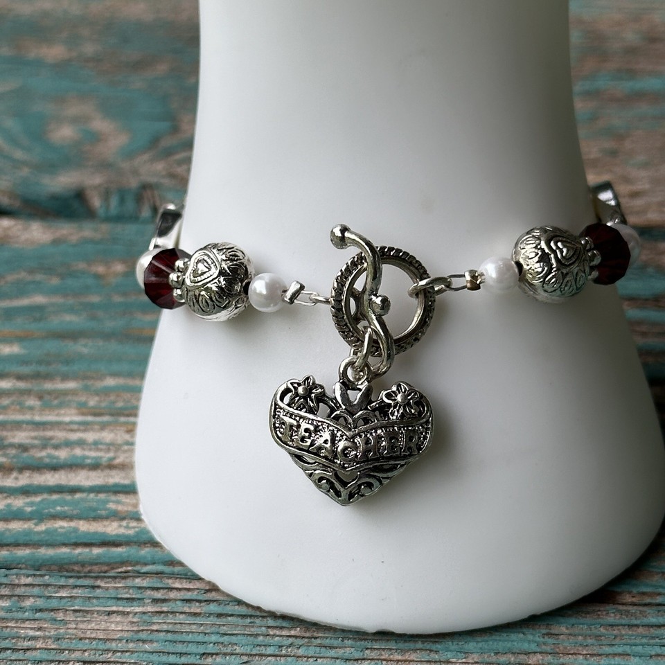 Charm Bracelet Silver Tone Teacher Inspire Words Heart Faux Pearls Red