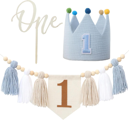 Baby First Birthday Party Decorations Blue High Chair Banner Crown Cake Topper F