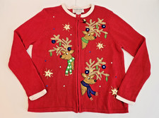 Vintage Tiara International MEDIUM Christmas Reindeer Red Cardigan Sweater Bell