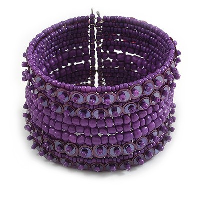 Böhmischer breiter Perlenmanschettenarmreif mit Pailletten (tiefviolett) - verstellbar