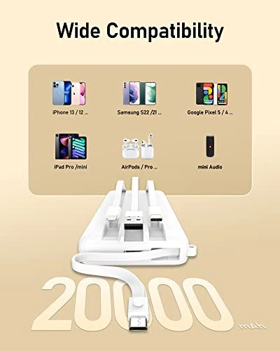 20000mAh Power Bank with Built-in Cables - Fast Charging for iPhone & USB-C Devices