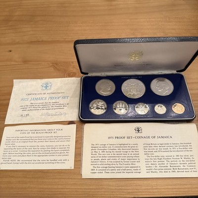 1975 JAMAICA 8 COIN SILVER PROOF SET / FRANKLIN MINT COA, PAPERS 1.88 oz silver