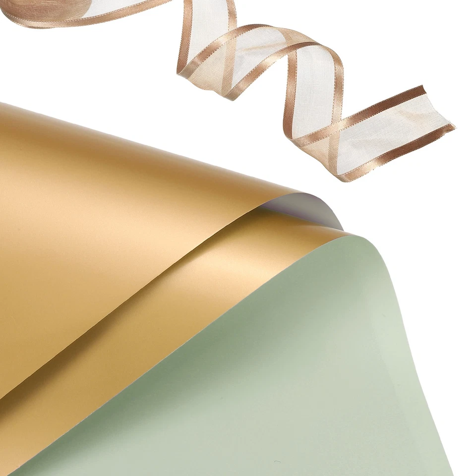 20 Sheets Flower Wrapping Paper with Ribbon 22.8" x 22.8" Pale Green/Gold Tone Foto 4 de 4