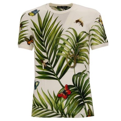 DOLCE & GABBANA Tropisch Biene Eidechse Palme Baumwolle T-Shirt Grün Weiß 46 S