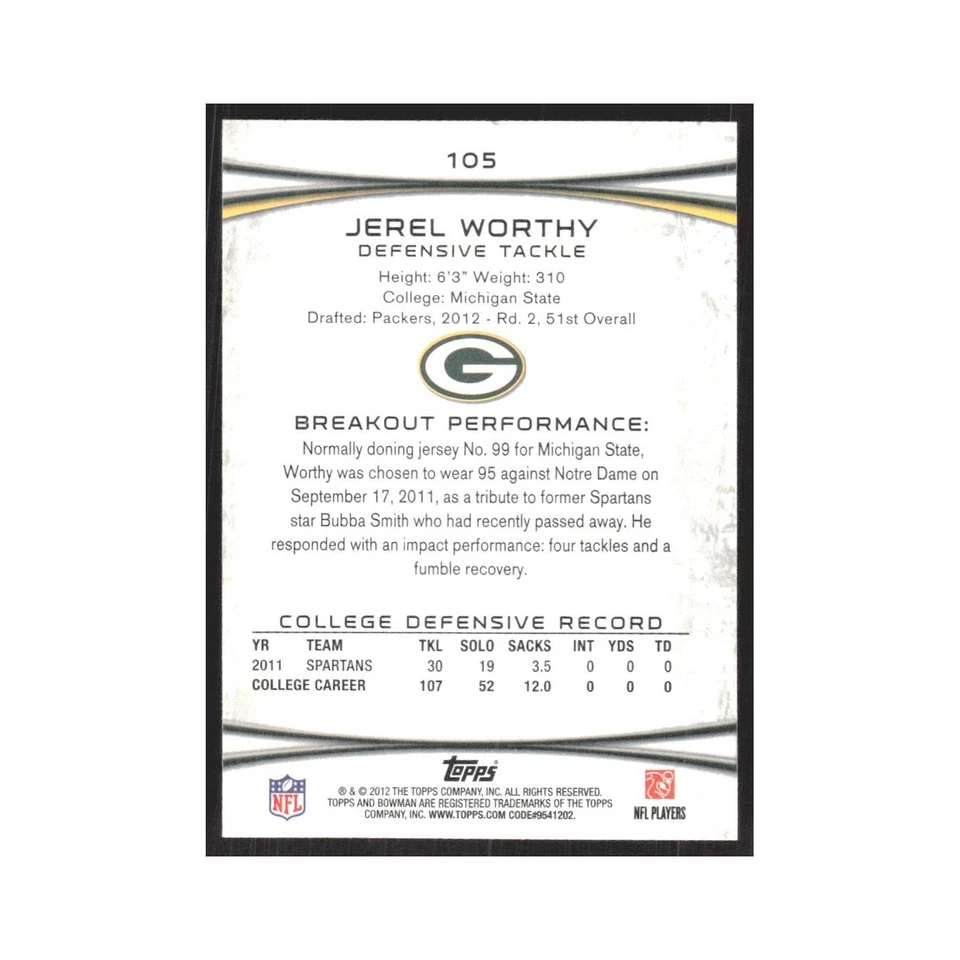 2012 Bowman Jerel Worthy RC Packers #105 - Image 2 of 3