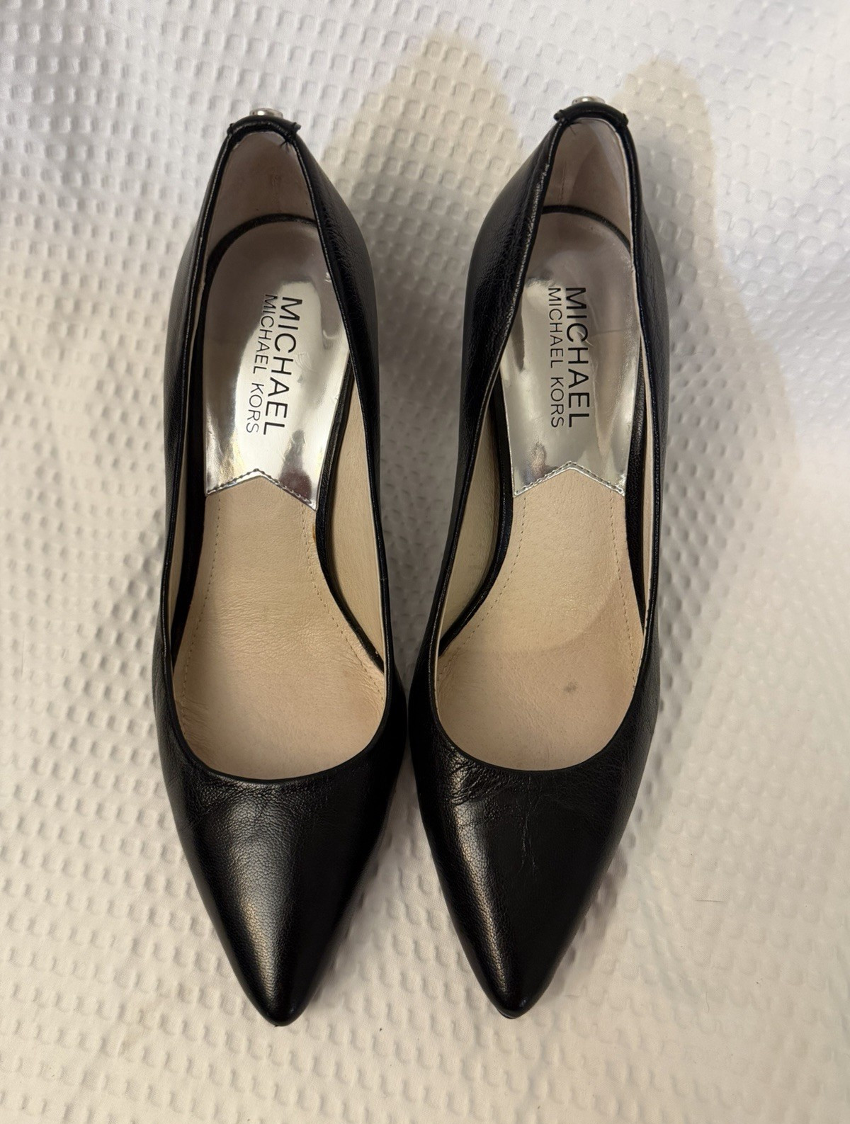 Michael Kors Black Leather Pointed Toe Stiletto Pumps Slip On Logo US 6