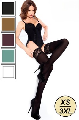 Sexy blickdichte halterlose Strümpfe XS - 3XL tiefe Spitze hochwertig Stay Ups 60 DEN