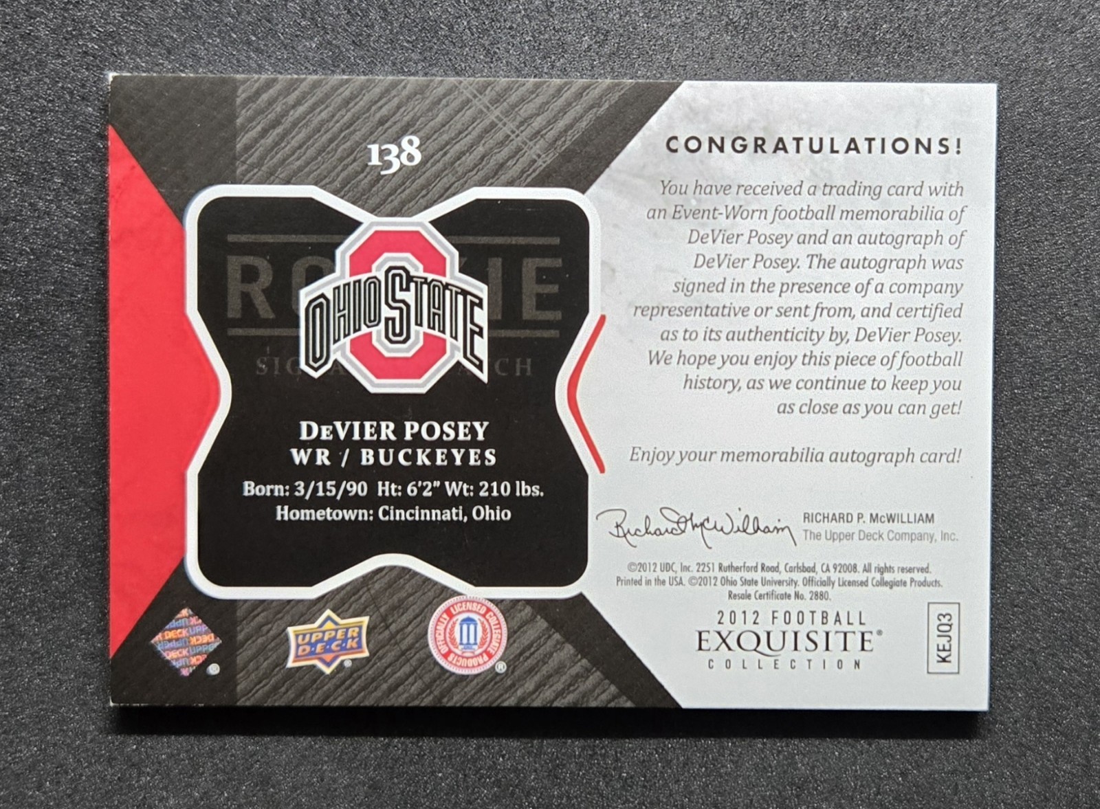 DeVier Posey 2012 Upper Deck Exquisite Rookie Patch Auto /50 #138 OHIO STATE RPA view 2