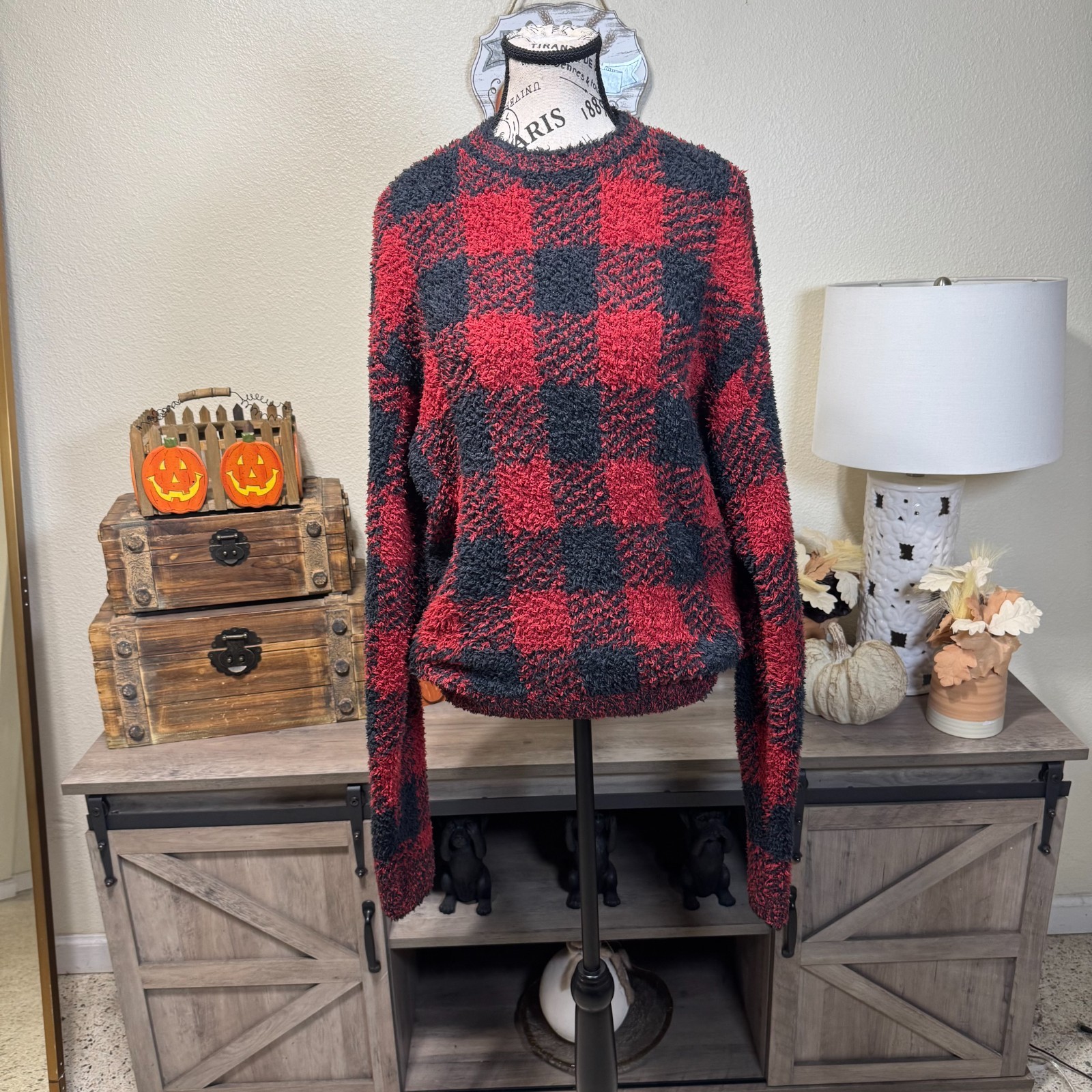 SKIMS Cozy Knit Pullover Sweater Red Black Brick Buffalo Plaid S/M Holiday Comfy