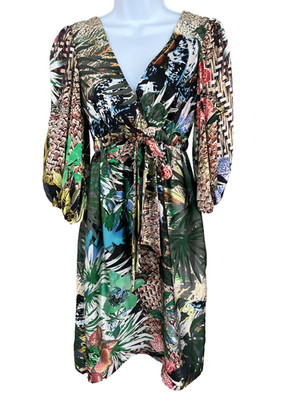 Vintage Cache 100% Silk Babydoll Dress Size 2 Tropical Print Y2K Beach Resort