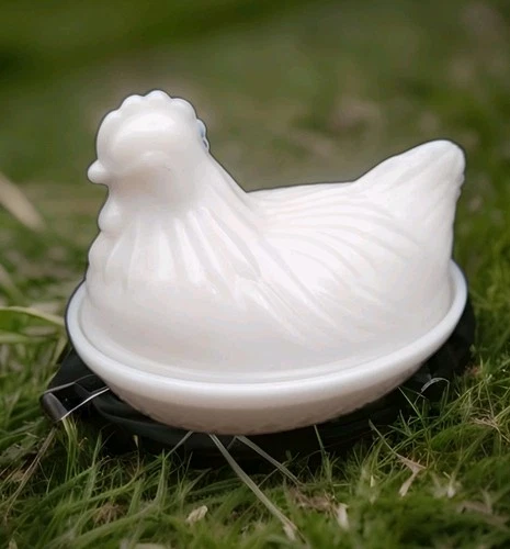 Vintage White Milk Glass Hen on Nest Dish Chicken in Basket 4.25" by Hazel Atlas