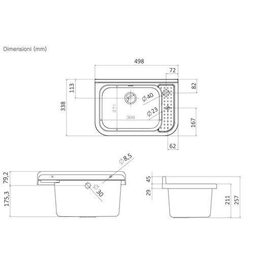Lavabo per Esterno Nero 50x34 cm Lavello a Muro Pilozzo per Lavanderia - Foto 5 di 6