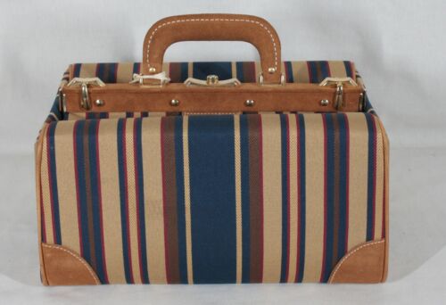 RARE! UNIQUE FRENCH LUGGAGE "STRIPED" SUEDE TAPESTRY JEWELRY / MAKEUP TRAIN CASE - Picture 1 of 9