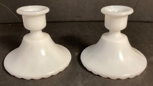 Vintage Midcentury Modern Milk Glass Candlestick Holders Scalloped Edge Bottoms