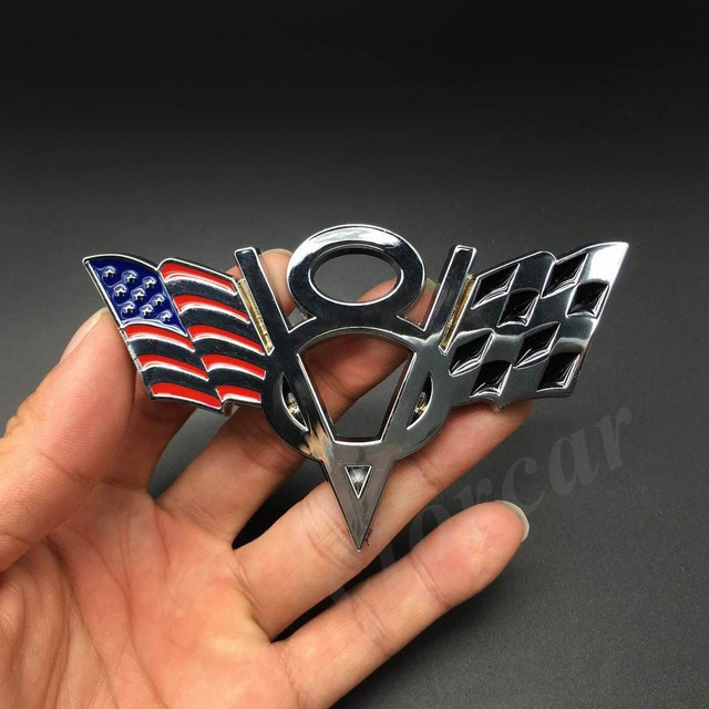 2pcs Car V8 Vintage Logo USA Flag Chrome Trunk Metal Emblems Badge