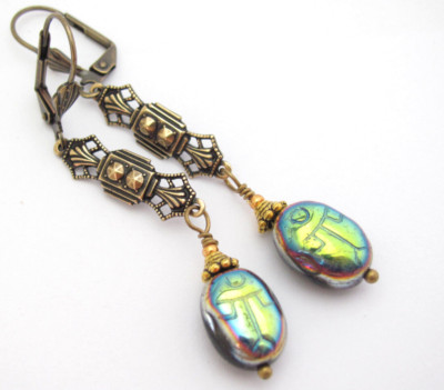 Scarab Earrings Egyptian Revival Art Deco Antiqued Brass Renaissance Faire