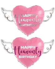 Happy Heavenly Birthday Balloon Heart Shaped with angel wings pink 