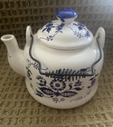 Vintage Blue Onion Style Porcelain Tea Pot Metal Handle Price Imports Japan — photo 1