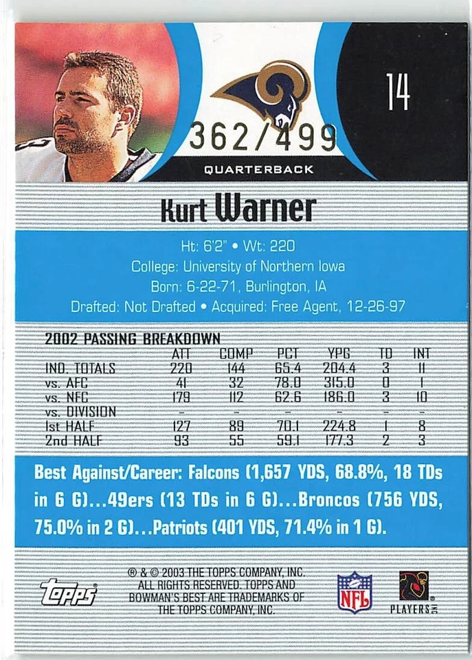2003 Bowman's Best - Kurt Warner - Blue Parallel /499 #14 HOF - Image 2 of 2