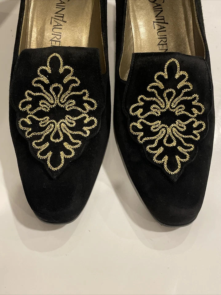 Zapatos de Gamuza YSL Yves Saint Laurent Talla 35,5 Negro Dorado Bordado De Colección Foto 3 de 4