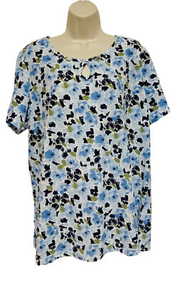 White stag 1X (16W) Top light and dark blue floral short sleeve keyhole
