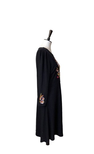 Loft Size 12 Embroidered Front Black Ponte' Dress 3/4 Sleeve Midi Dress Modest - Picture 4 of 11