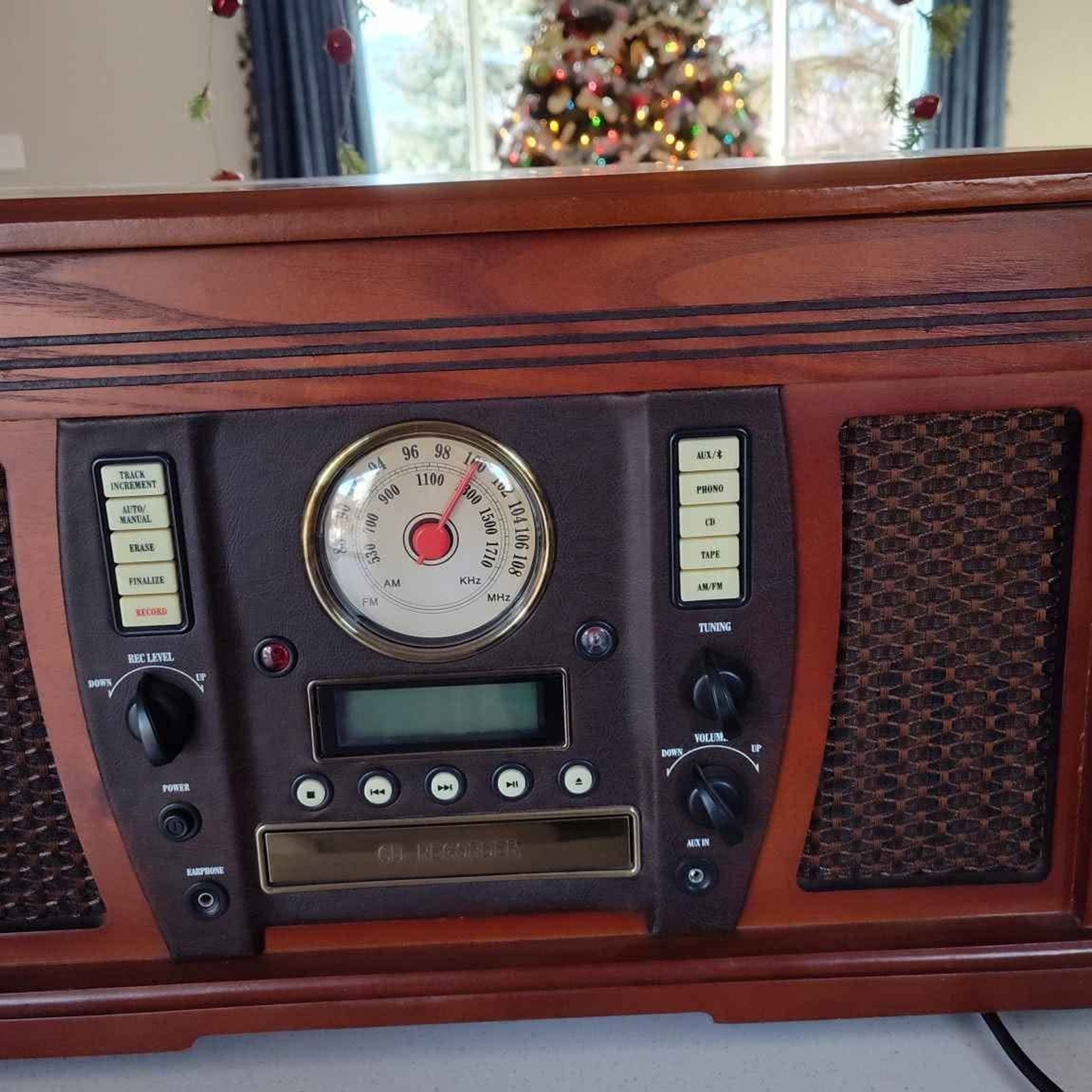 Vintage-style wooden record player with CD recorder, cassette, and radio-image