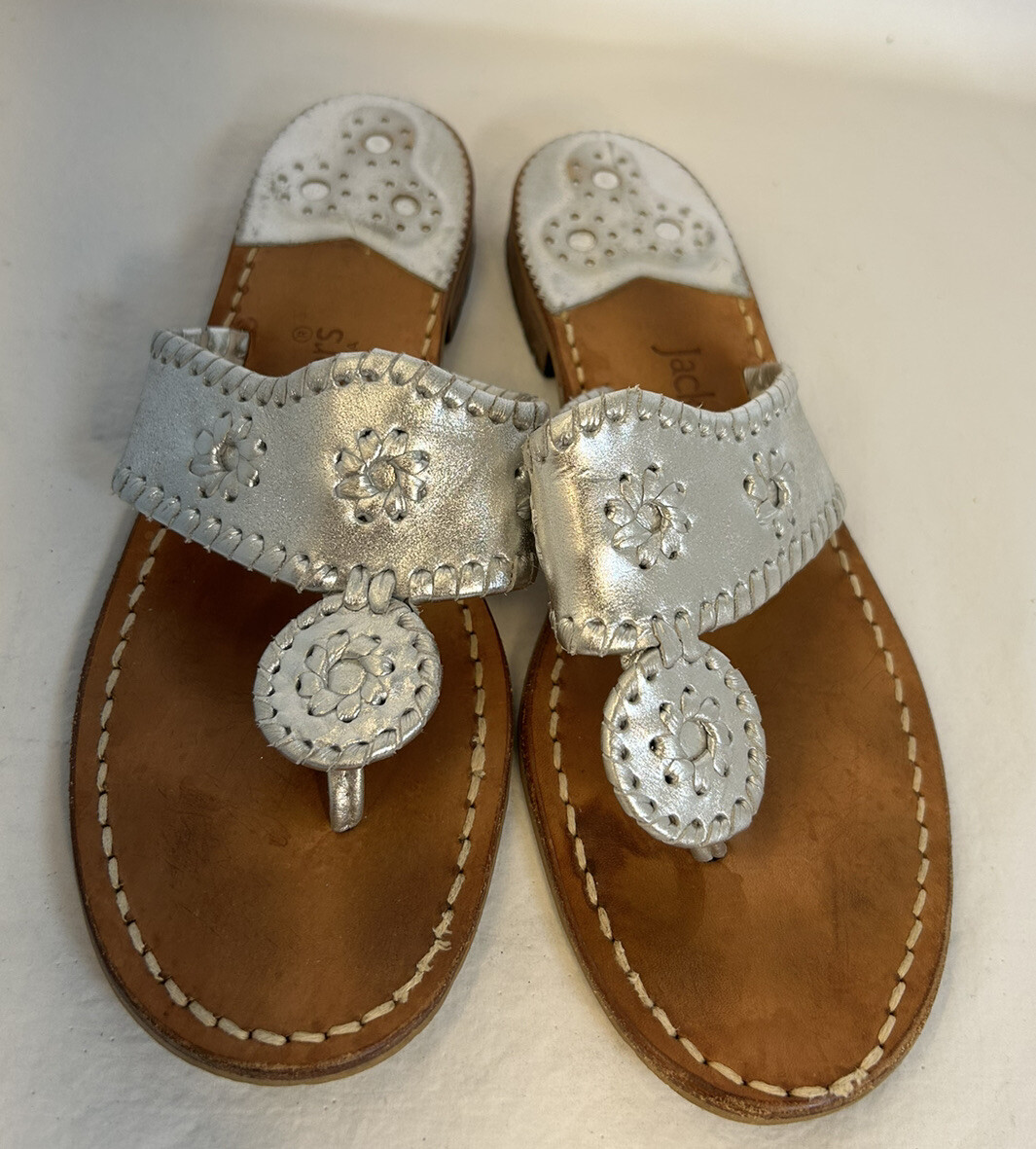 Jack Rogers Women's Hamptons Thong Sandals Metallic Leather Silver Size 8M  | eBay