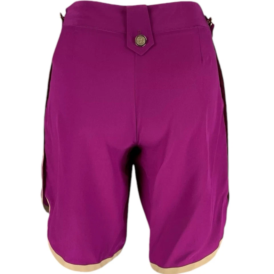 Dolce & Gabbana Purple Silk Beige Trim Logo Button Mid Rise Shorts Sz 42 / 6 - Image 4 of 4