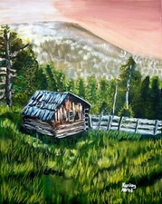 Original Cabin Landscape Acrylic Canvas Painting Size 16”x20” Artwork