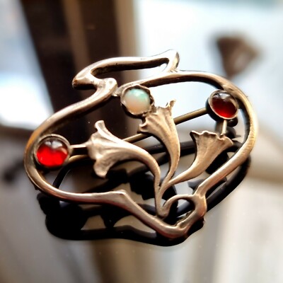 Ancienne Broche En Argent Massif Art Déco Nouveau créateur fleurs noir