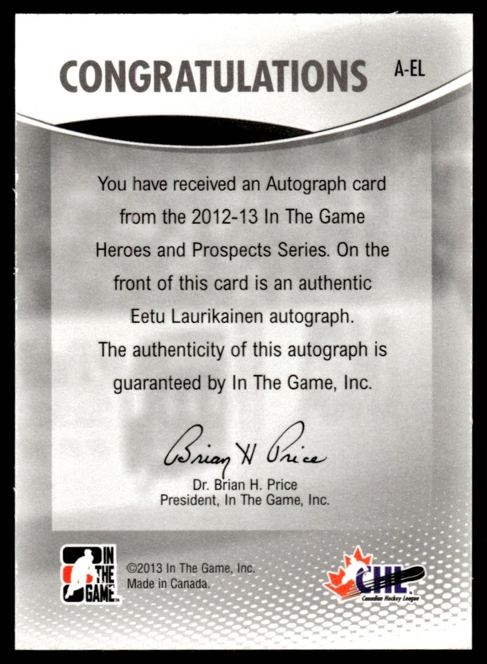 2012-13 In The Game Heroes and Prospects Eetu Laurikainen Auto #A-EL - Image 2 of 2