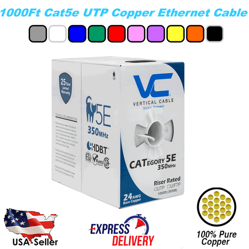 1000Ft Cat5E Vertical Cable Solid CMR Bare Copper Bulk Ethernet Cable - 9 Colors - Picture 8 of 13