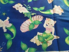 M.E. Hordyszynski Michael Miller fabric MerKitties Cat Mermaids Blue 1 yard