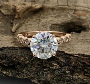 Authentic 3.00 Ct Round Moissanite Four Claw Milgrain Engagement Ring 14K Rose Gold Plated