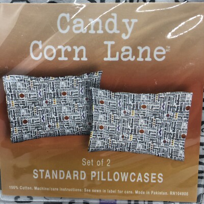Candy Corn Lane Halloween 2 Standard Cotton Pillowcases Pumpkin Ghost Bat NEW
