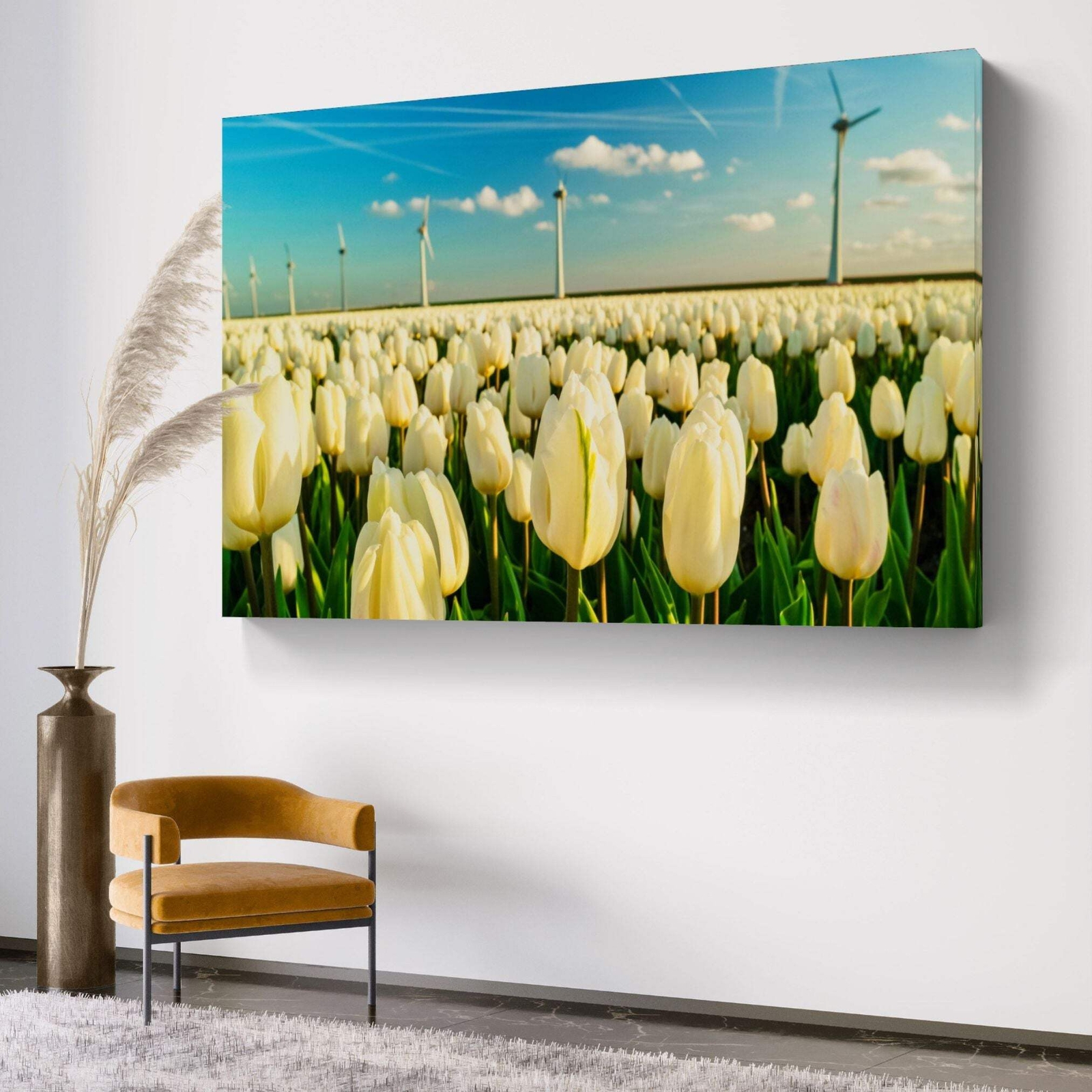 Windmühlen Turbinen mit blauem Himmel und bunten Tulpenfelder | Wandbild