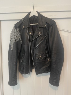 Vintage Black Leather Jacket With Handmade Chainmail Epaulette 